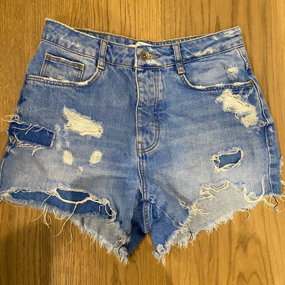 ZARA High Waisted Ripped Denim Shorts